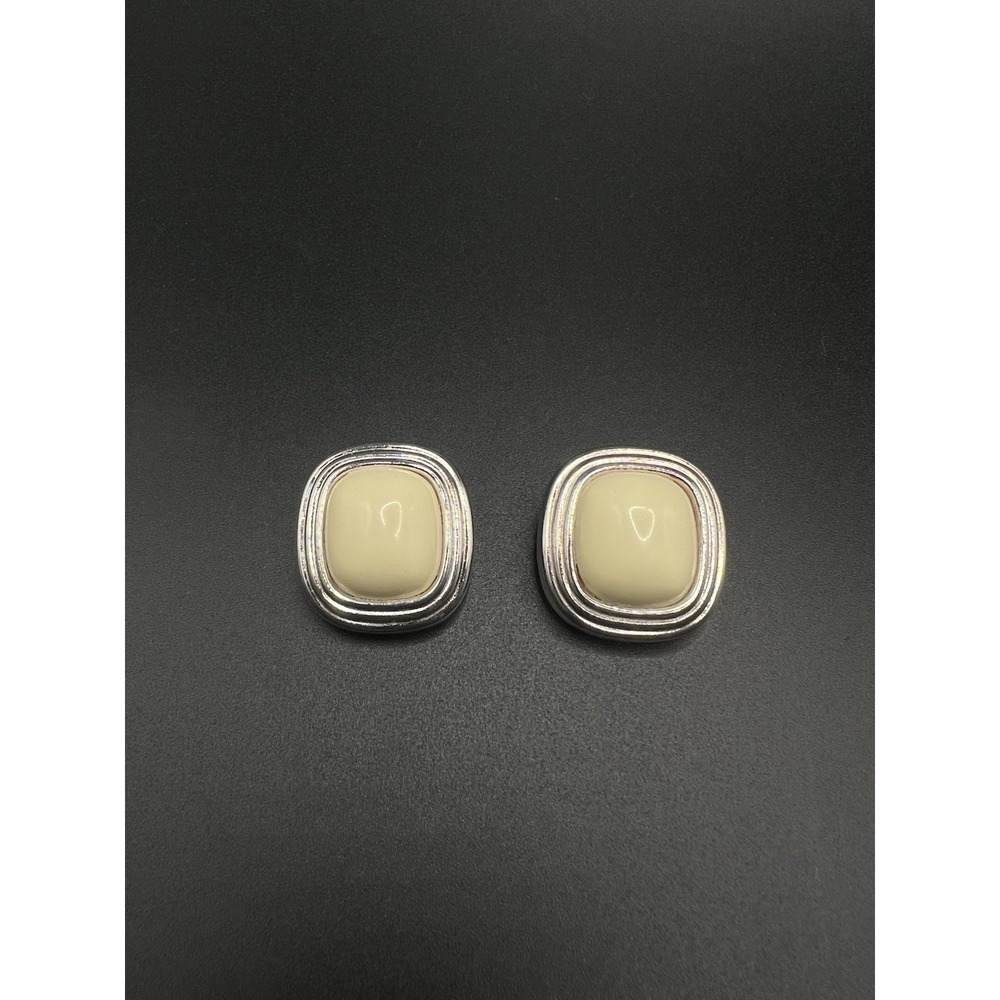 Vintage Christian Dior Clip On Earrings Signed Silver tone And Cream Enamel